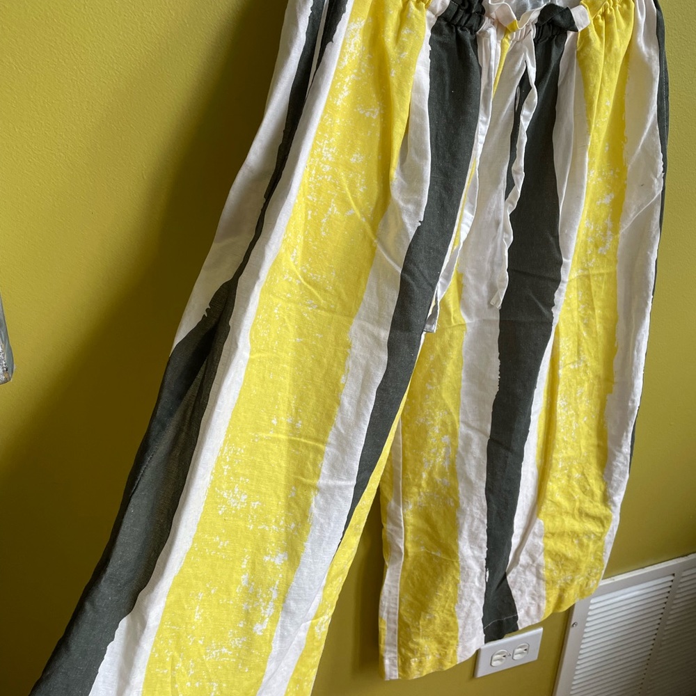 Linen pants dark green yellow BUYKUD large elastic waist drawstring wide leg